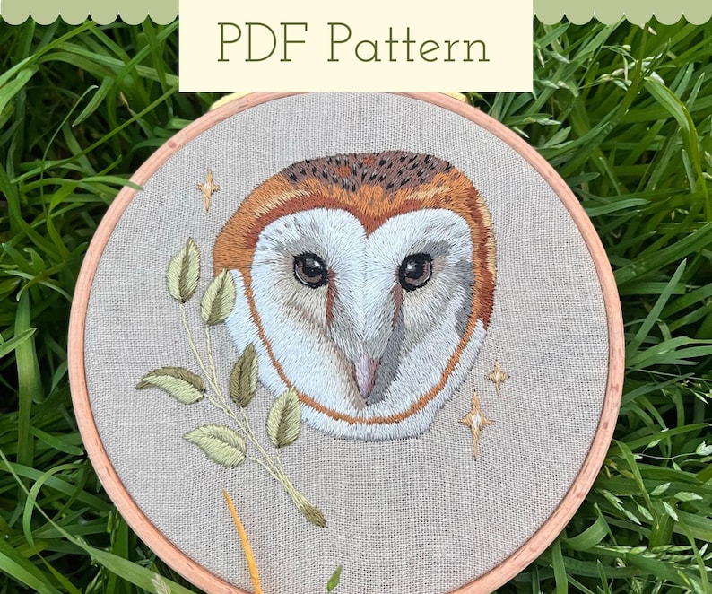 barn owl thread painting embroidery PDF pattern