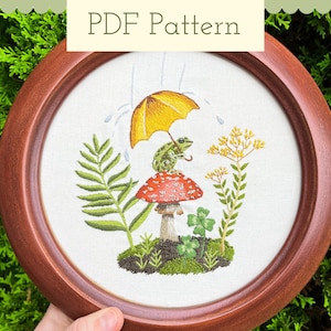 Frog And Mushroom Embroidery Pattern PDF, Woodland Thread Painting Pattern