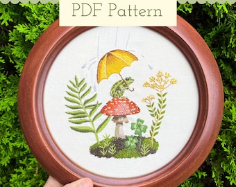Frog And Mushroom Embroidery Pattern PDF, Woodland Thread Painting Pattern