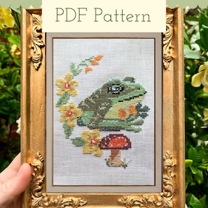 Floral Frog and Mushroom Cross Stitch Pattern