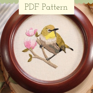 Handborduurpatroon vogel, Japans schilderij met witte ogen en krekeldraad, pdf