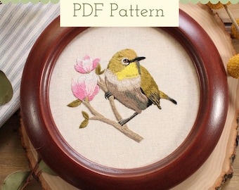 Bird Hand Embroidery Pattern, Japanese Warbling White-Eye Thread Painting PDF