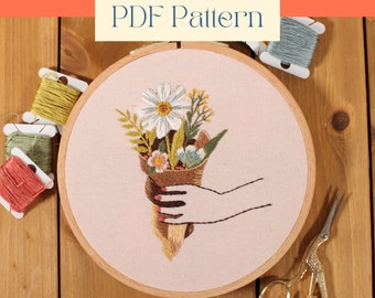 Market Flowers Beginner Embroidery Pattern - Floral Hand Embroidery Design