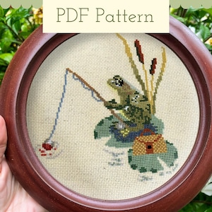 Fishing Frog On Lily Pad Cross Stitch Pattern, Cute Animal Nursery Decor, DIY Woodland Cottage Style Wall Art, Beginner Friendly Design
