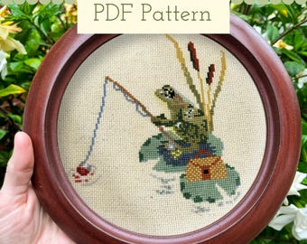 Patrón de punto de cruz de rana pescadora, decoración infantil estilo cottagecore (patrón PDF)