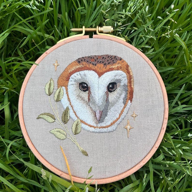 owl embroidery in grass