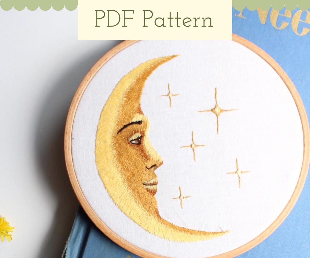 Crescent Moon Embroidery Pattern, Celestial Thread Painting - Etsy