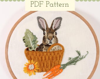 May include: Embroidered design of a brown rabbit sitting in a woven basket with green leafy vegetables, a yellow flower, and orange carrots. The design is stitched on a white fabric.