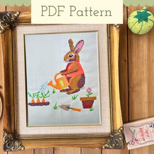 Gardening Rabbit Cross Stitch Pattern, Cute Animal Nursery Decor, DIY Cottage Style Wall Art, Beginner Friendly Bunny Design