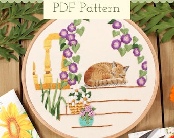 Padrão de bordado de gato laranja, pintura em linha de gato malhado ruivo dormindo