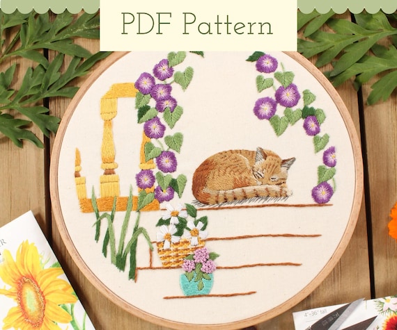 Orange Cat Embroidery Pattern, Sleeping Ginger Tabby Thread Painting