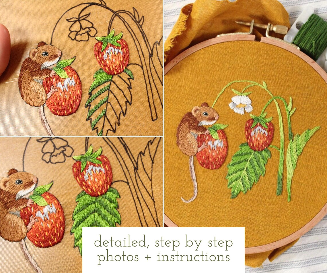 Field Mouse and Strawberry Embroidery Pattern – Thread Painting (PDF ...