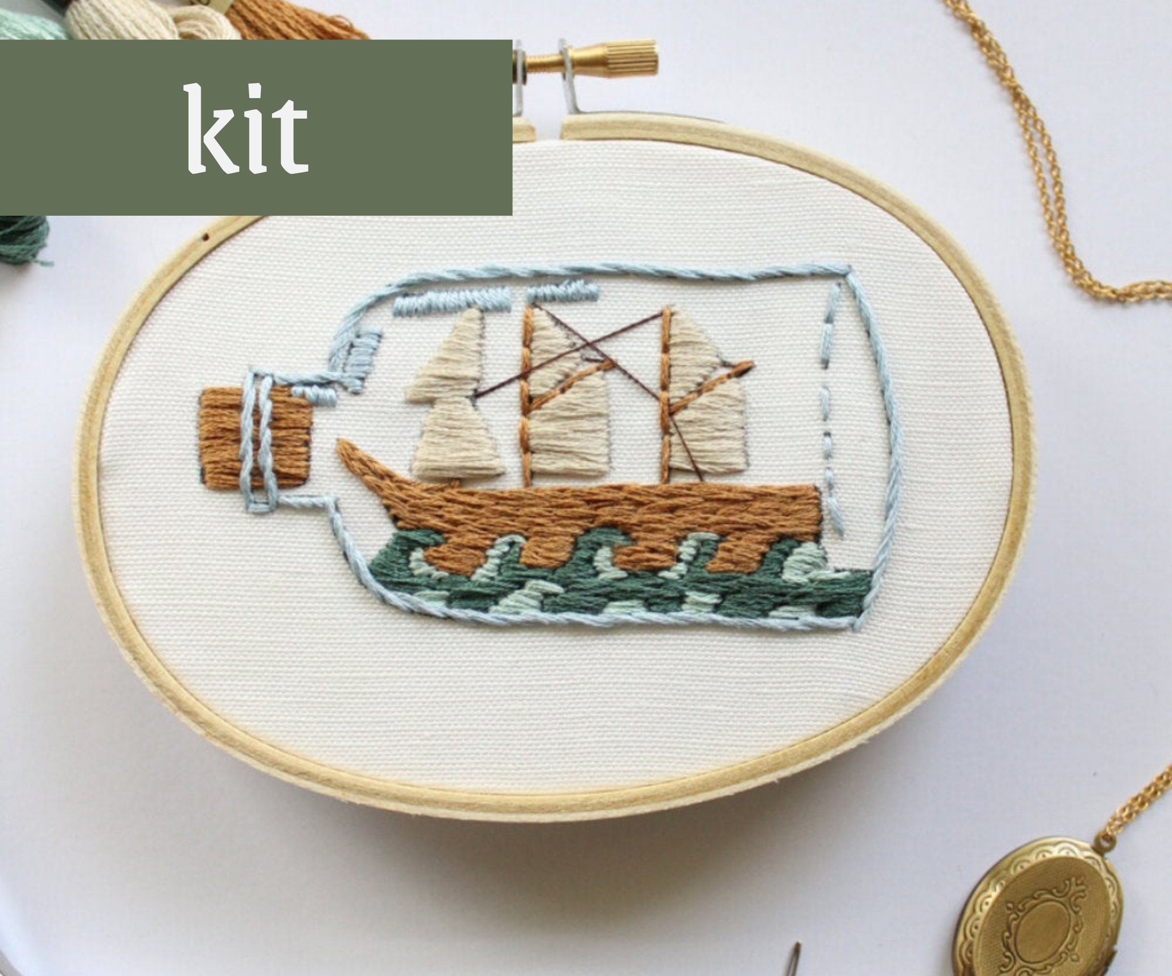 Nautical Embroidery Kit Ship In a Bottle Hand Embroidery Etsy