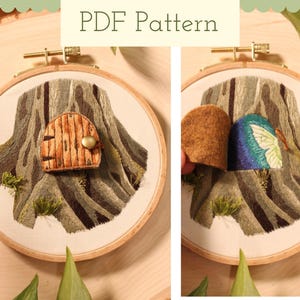 May include: Embroidered hoop art featuring a tree stump with a miniature door. The door is made of brown fabric with a gold knob. The text "PDF Pattern" is at the top. The second image shows a blue and green butterfly.