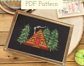 Ein Haus Rahmen Kreuzstich Muster PDF, Cozy Woodland Cabin Design