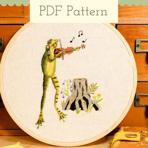 Fiddling Frog Embroidery Pattern PDF, Woodland Thread Painting Pattern