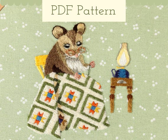 Quilting Mouse Embroidery Pattern, Cottagecore Thread Painting PDF Pattern