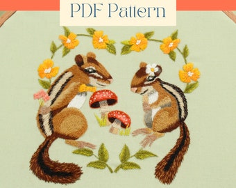 Floral Heart Embroidery Thread Painting Pattern, Forest Animal Embroidery Design, Chipmunks in Love