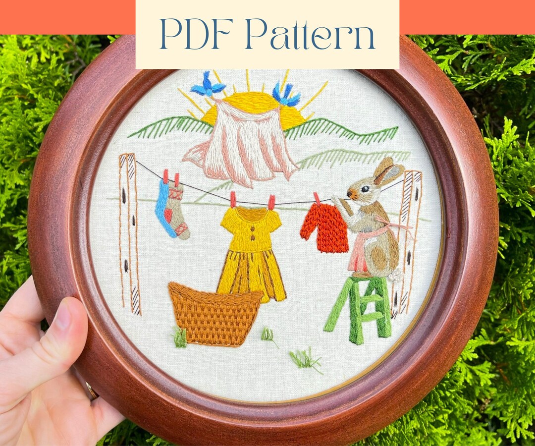Laundry Line Hand Embroidery Pattern Laundry Day Bunny Hanging Clothes ...