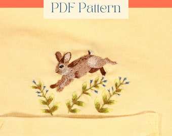 Leaping Rabbit Thread Painting Pattern - Bunny Embroidery Design For Clothes, Shirt Pocket Embroidery PDF Pattern