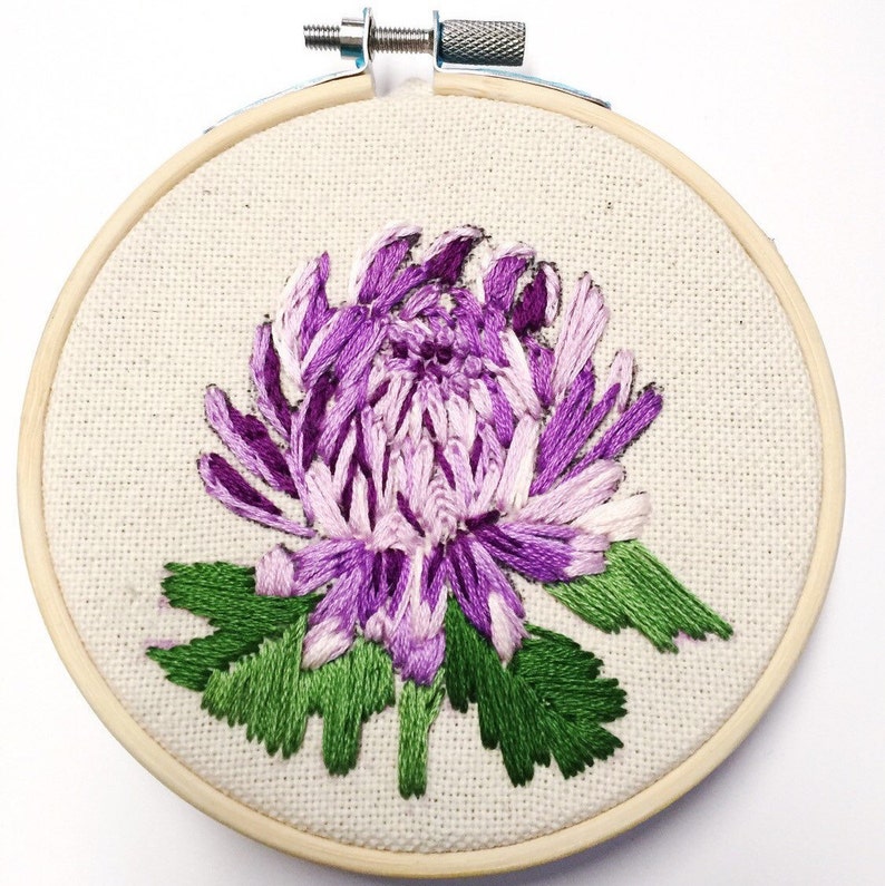 Purple Chrysanthemum Flower Embroidery Hoop Art Hand Stitched Etsy