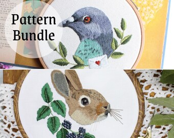 Animal Thread Painting Embroidery Bundle, 2 Embroidery PDF Patterns, Pigeon and Rabbit