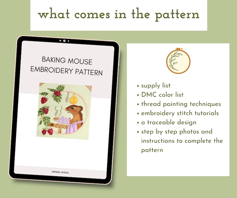 what comes in the pattern:
supply list, DMC color list, thread painting techniques, a traceable design, step by step photos and instructions to complete the pattern