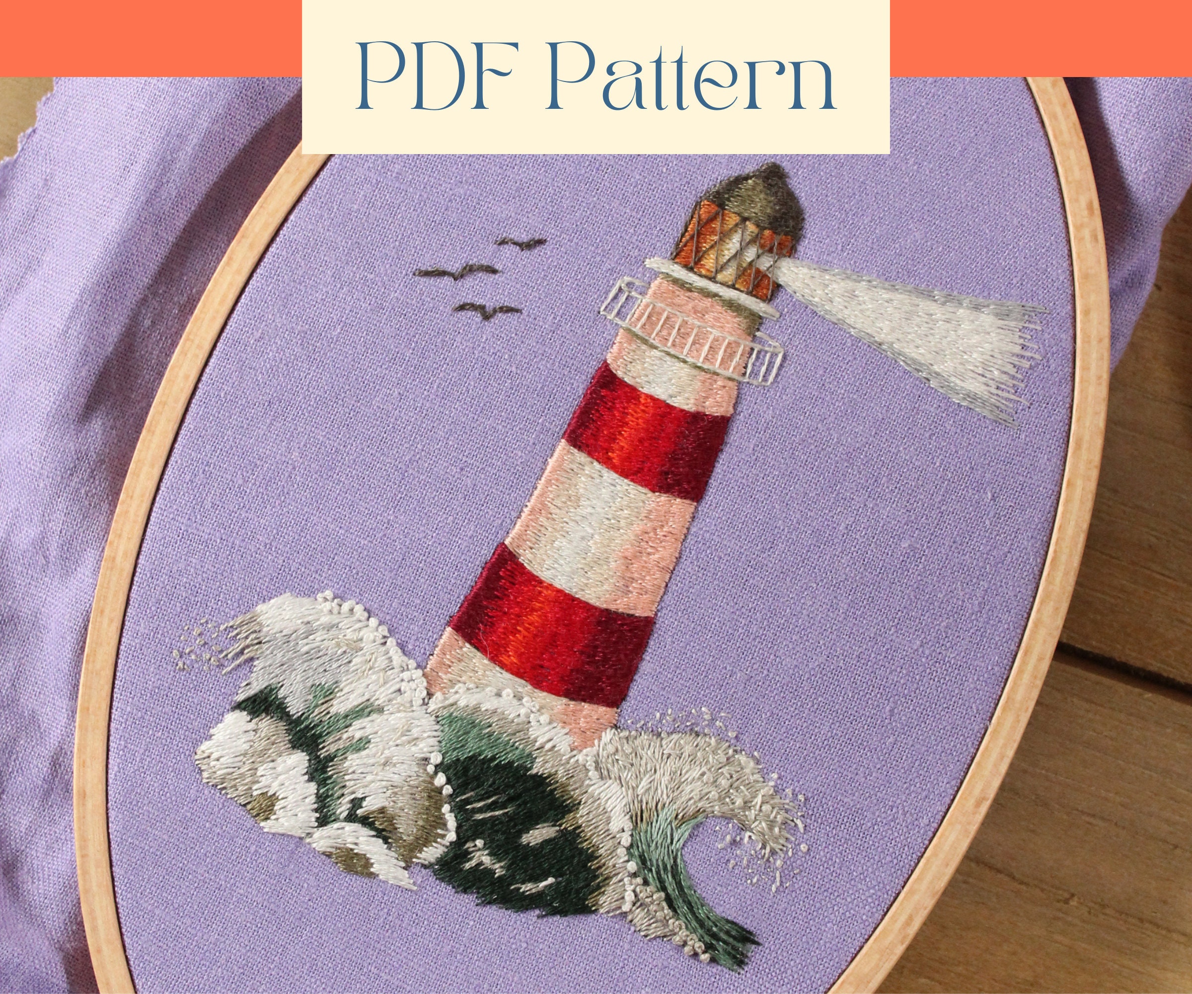 Lighthouse by the Sea Embroidery Pattern PDF / Digital Hand Embroidery /  Beginner / Summer Landscape Ocean Waves Abstract