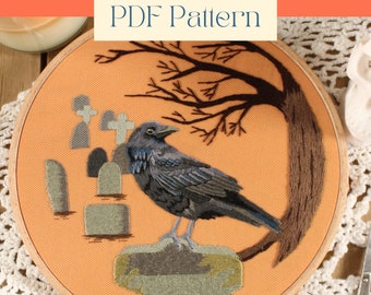 Spooky Halloween Raven Embroidery Pattern, Crow In Graveyard Thread Painting PDF