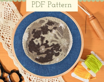 Realistic Full Moon Embroidery Pattern: Thread Painting (PDF Pattern)