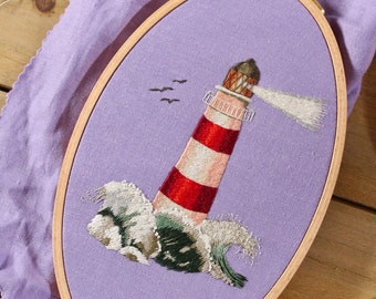 Lighthouse and Waves Wall Art, Nautical Ocean Decor, Finished Embroidery, Original Art Thread Painting