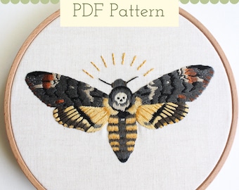 Deaths Head Moth Embroidery Pattern PDF, Insect Thread Painting Tutorial, Acherontia Lachesis