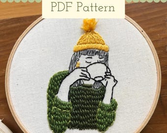 Embroidery Beginner Tutorial, Coffee Lady PDF Pattern, Gift for Barista