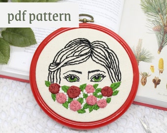 Floral Hand Embroidery Design Lady Peaking Through Rose Bush Embroidery PDF Pattern
