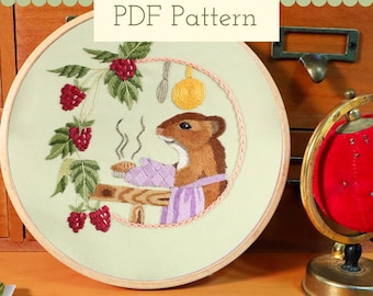 Baking Mouse Embroidery Pattern, Cottagecore Thread Painting PDF Pattern