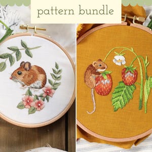 May include: Two embroidery hoop patterns featuring a mouse with flowers and a mouse with strawberries. The pattern on the left is on white fabric and the pattern on the right is on yellow fabric. The text "pattern bundle" is at the top of the image.