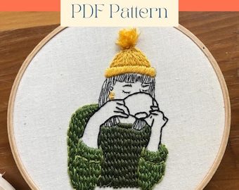 Coffee Girl Embroidery Sweater Pattern, Tea + Coffee Lover Embroidery, Fall Hand Embroidery PDF, Autumn Embroidery Designs, DIY Dorm Decor