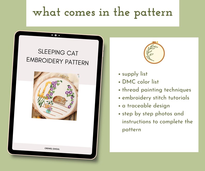 what comes in the pattern:
supply list, DMC color list, thread painting techniques, a traceable design, step by step photos and instructions to complete the pattern