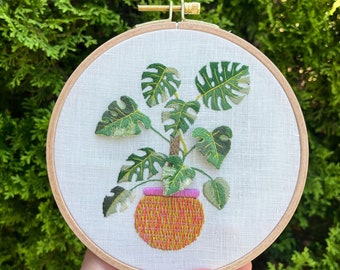 Monstera Plant Stumpwork Embroidery Art