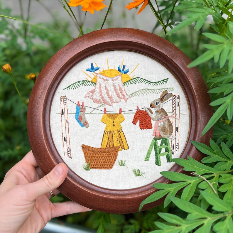 Laundry Line Hand Embroidery Pattern - Laundry Day - Bunny Hanging ...