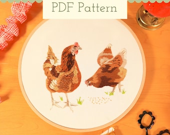 Chicken Thread Painting Embroidery Pattern: Farmhouse Bird Design (PDF Digital Download)