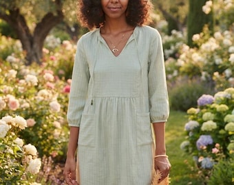 Cotton V-Neck Summer Dress, Casual Loose Tunic Smock, 3/4 Sleeve Pockets