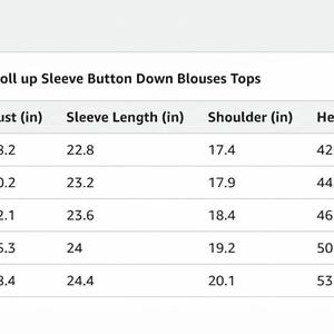May include: A size chart for US Astylish V Neck Roll up Sleeve Button Down Blouses Tops. The table lists measurements in inches for sizes S through 2XL, including US size, bust, sleeve length, shoulder, hem width, and total length for each size.