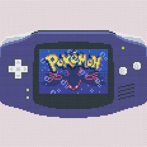 May include: A cross-stitch pattern of a purple handheld video game console. The screen displays the yellow text Pokémon over a blue background with red and purple pixelated shapes. The console features a white directional pad and two white buttons.