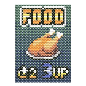 May include: A cross-stitch pattern on a dark blue background featuring a roasted chicken on a white plate. The word FOOD is stitched in orange and yellow at the top. Below the chicken, the text +2 3UP is stitched in yellow and blue.