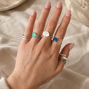 Coastal Gold Ring Set 6 Piece Stackable Rings Blue & White Statement Rings Boho Adjustable Set Jewellery Gift