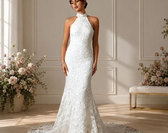 Custom Lace Halter Mermaid Wedding Dress, Keyhole Back Bridal Gown, Cathedral Train
