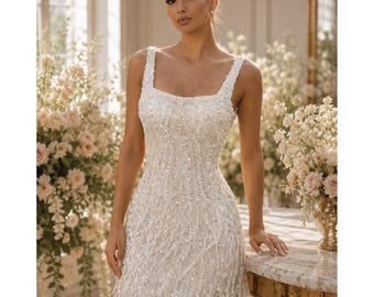 Customized Beaded Square Neck Mini Wedding Dress | Tassel Reception Bridal Gown