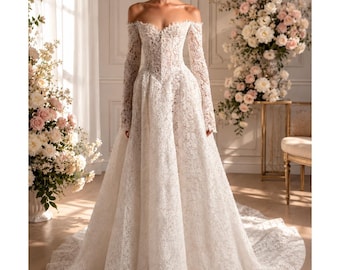 Custom Off Shoulder Lace Wedding Dress | Embroidered Mermaid Bridal Gown