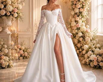 Vestido de Noiva Personalizado em Cetim com Decote Ombro a Ombro | Mangas com Aplicação de Renda, Modelo A, Ajuste Sob Medida